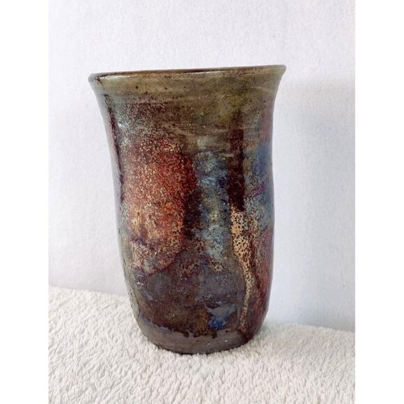 Raku Art Vase Brown Iridescent Tones Textured Rustic Tumbler Thrown Pottery 5.5" - Picture 1 of 15